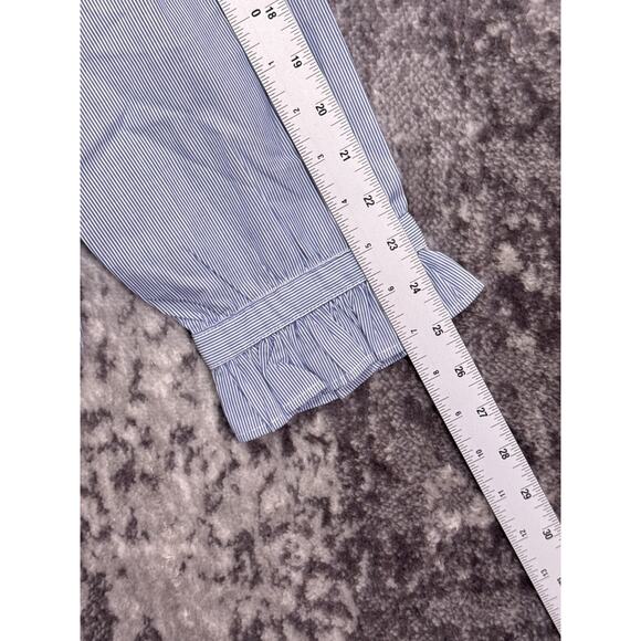 New J Crew Top 2X Womens Blue Striped Ruffle Collar Button Down Shirt Blouse - Picture 5 of 9